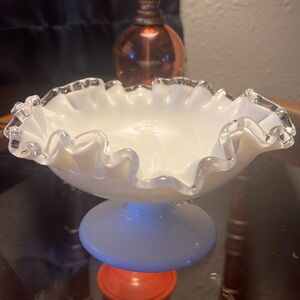 Fenton Silver Crest vintage pedestal bowl ruffled milk glass clear edge 7”